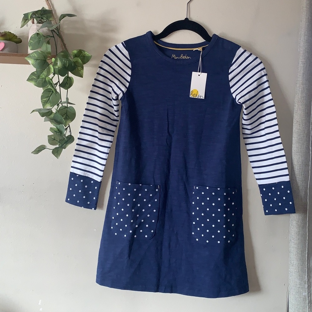 NWT mini boden girls blue with striped sleeves size 8-9 years